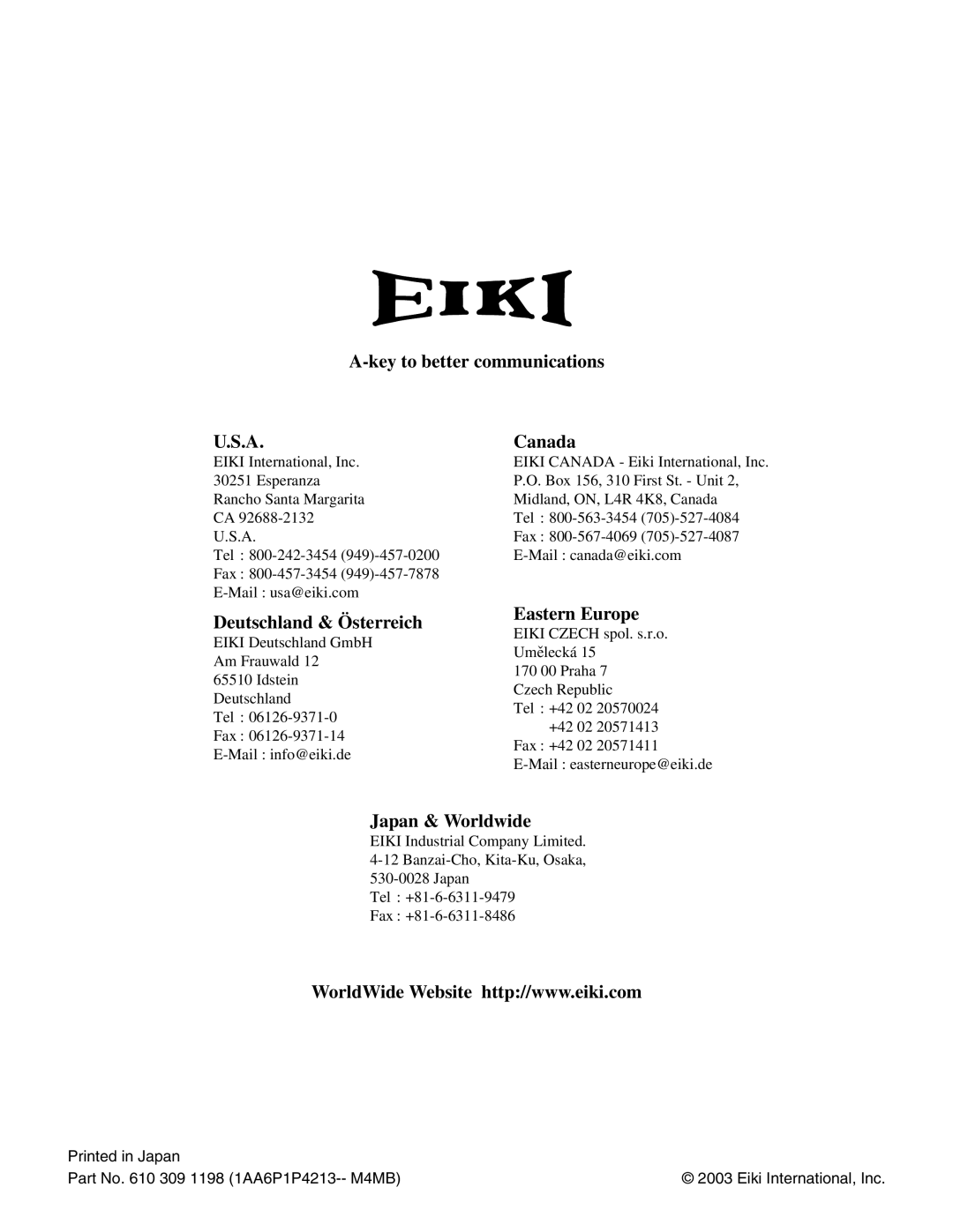 Eiki LC-HDT10 instruction manual Key to better communications Canada 