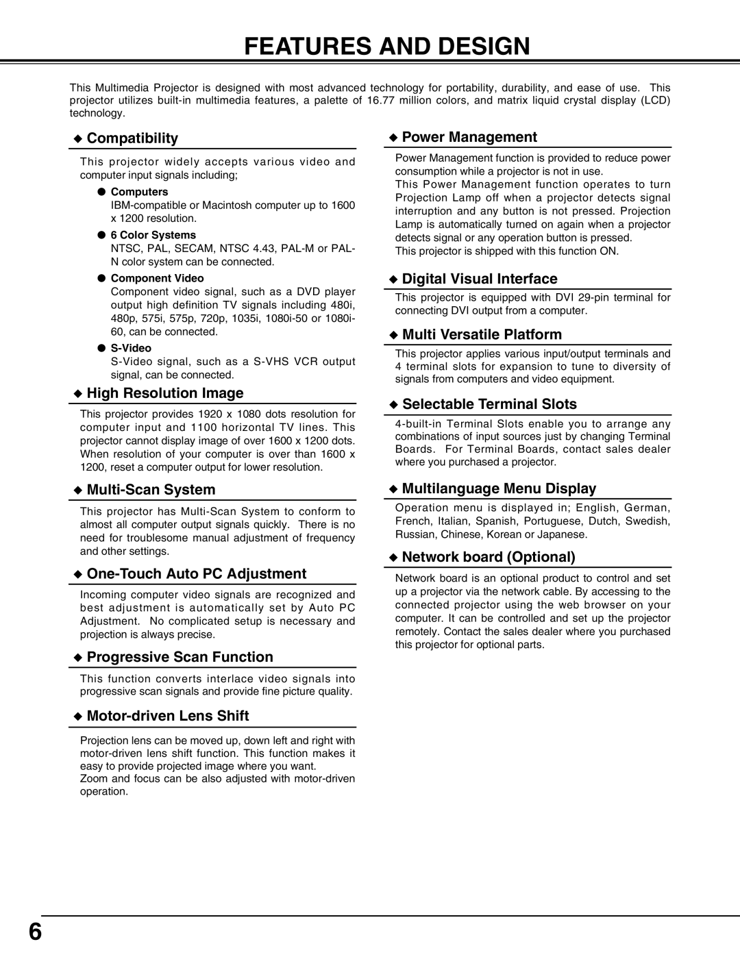 Eiki LC-HDT10 instruction manual Features and Design, Computers, Color Systems, Component Video 