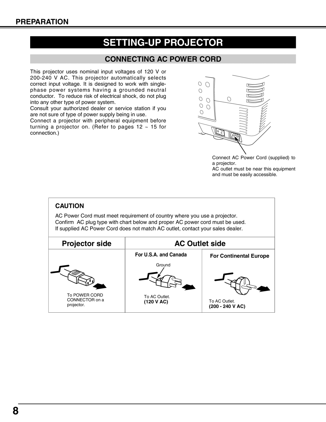 Eiki LC-HDT10 SETTING-UP Projector, Connecting AC Power Cord, For U.S.A. and Canada For Continental Europe, 200 240 V AC 