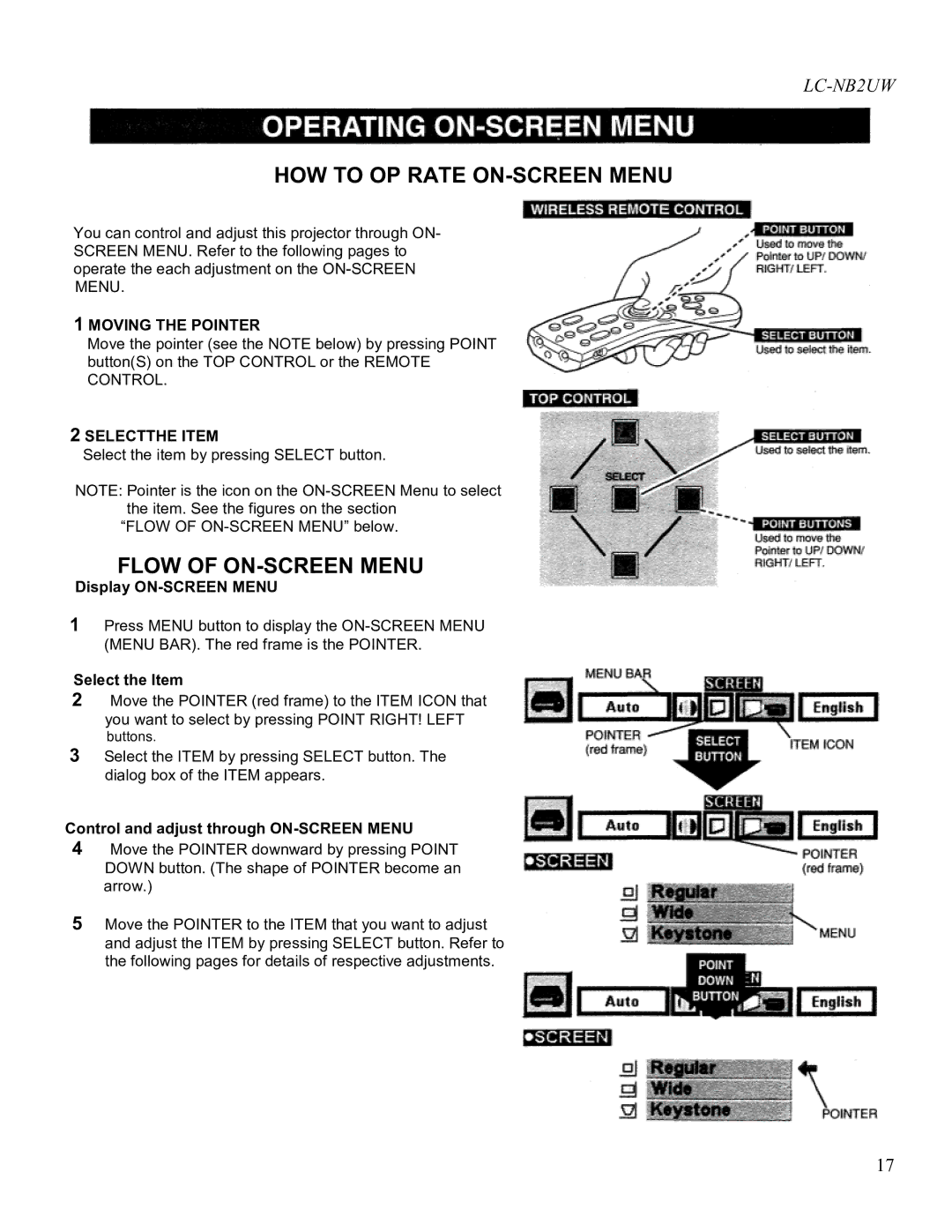 Eiki LC-NB2UW owner manual HOW to OP Rate ON-SCREEN Menu, Flow of ON-SCREEN Menu, Display ON-SCREEN Menu, Select the Item 