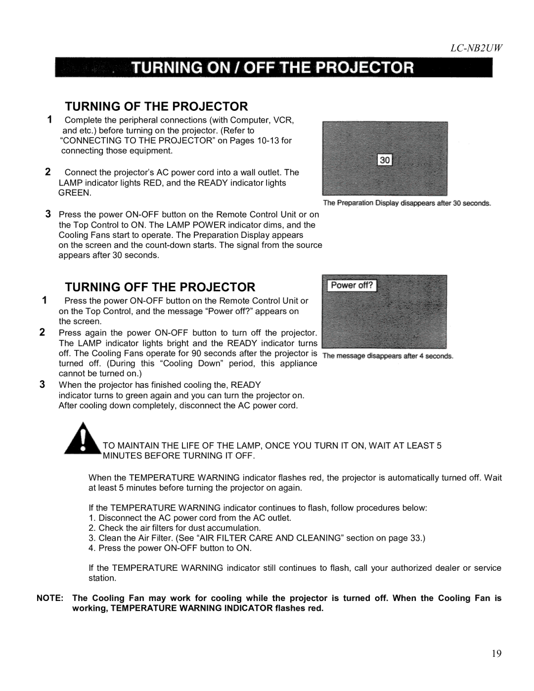 Eiki LC-NB2UW owner manual Turning of the Projector, Turning OFF the Projector 