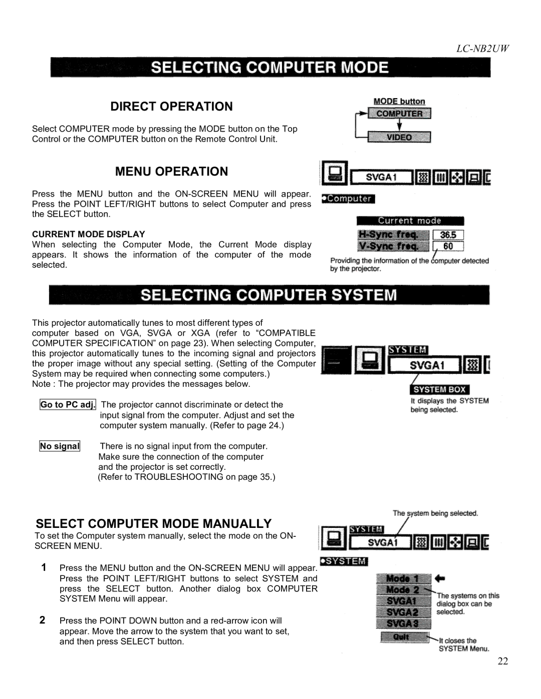 Eiki LC-NB2UW owner manual Direct Operation, Menu Operation, Select Computer Mode Manually, Go to PC adj No signal 