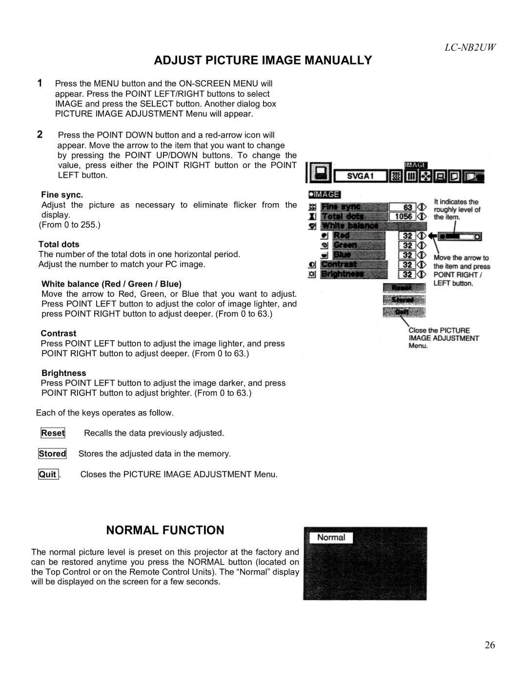 Eiki LC-NB2UW owner manual Adjust Picture Image Manually, Normal Function 