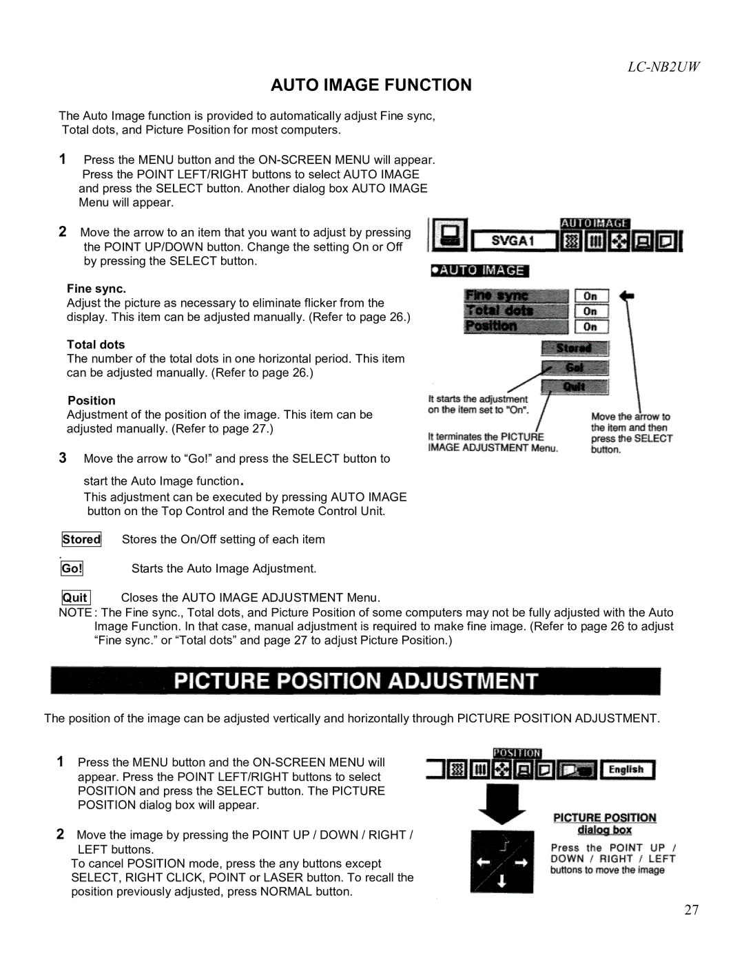 Eiki LC-NB2UW owner manual Auto Image Function, Position 