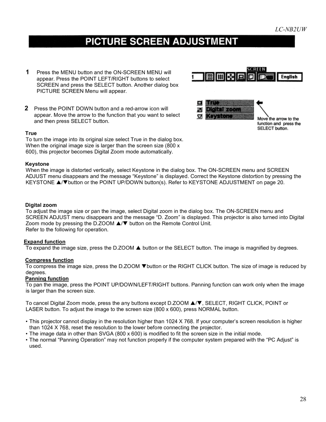 Eiki LC-NB2UW owner manual True, Keystone, Digital zoom, Expand function, Compress function, Panning function 