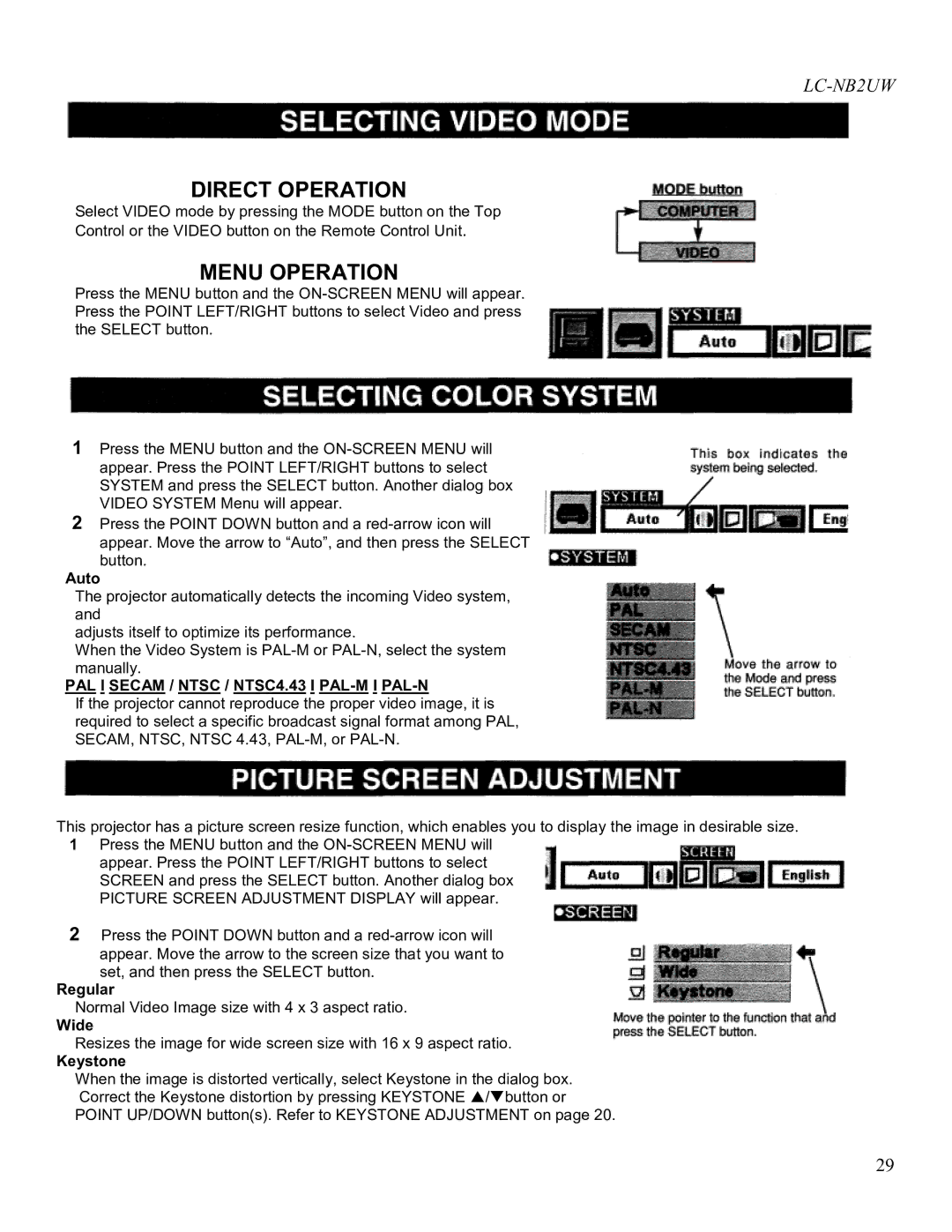 Eiki LC-NB2UW owner manual Auto, Regular, Wide 