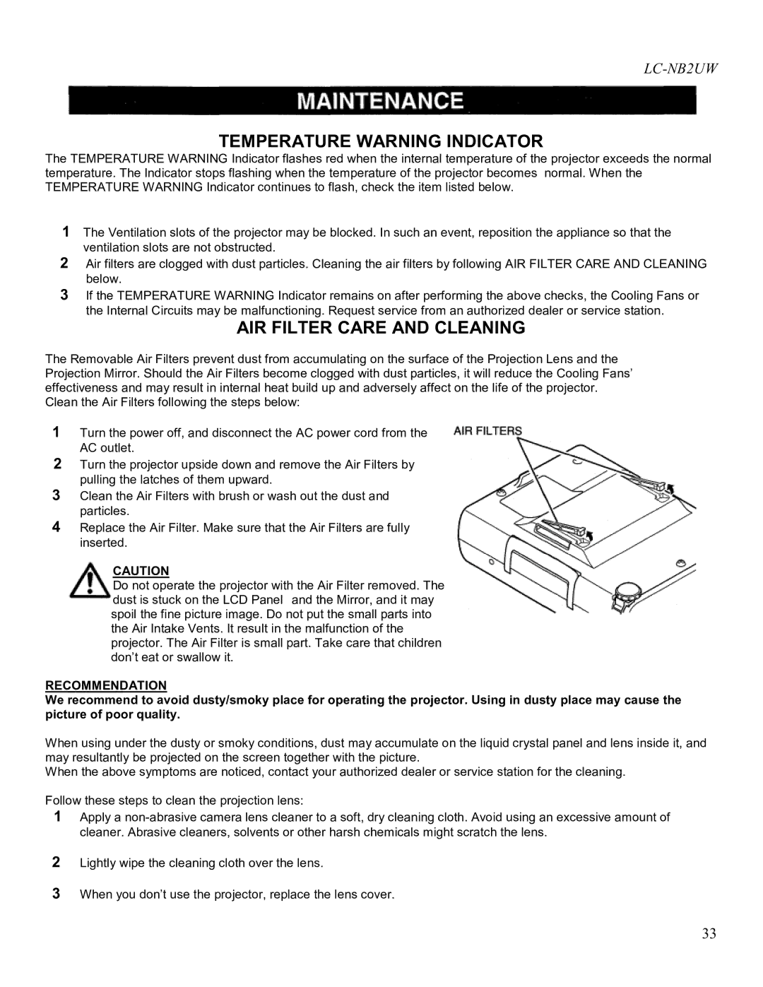 Eiki LC-NB2UW owner manual Temperature Warning Indicator, AIR Filter Care and Cleaning 