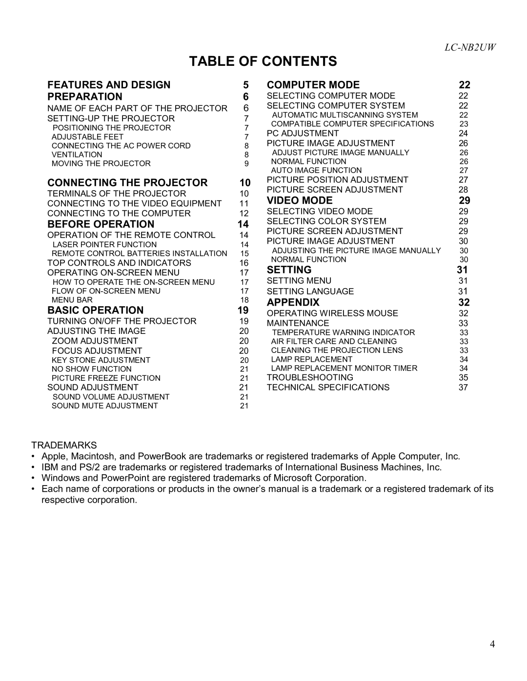 Eiki LC-NB2UW owner manual Table of Contents 