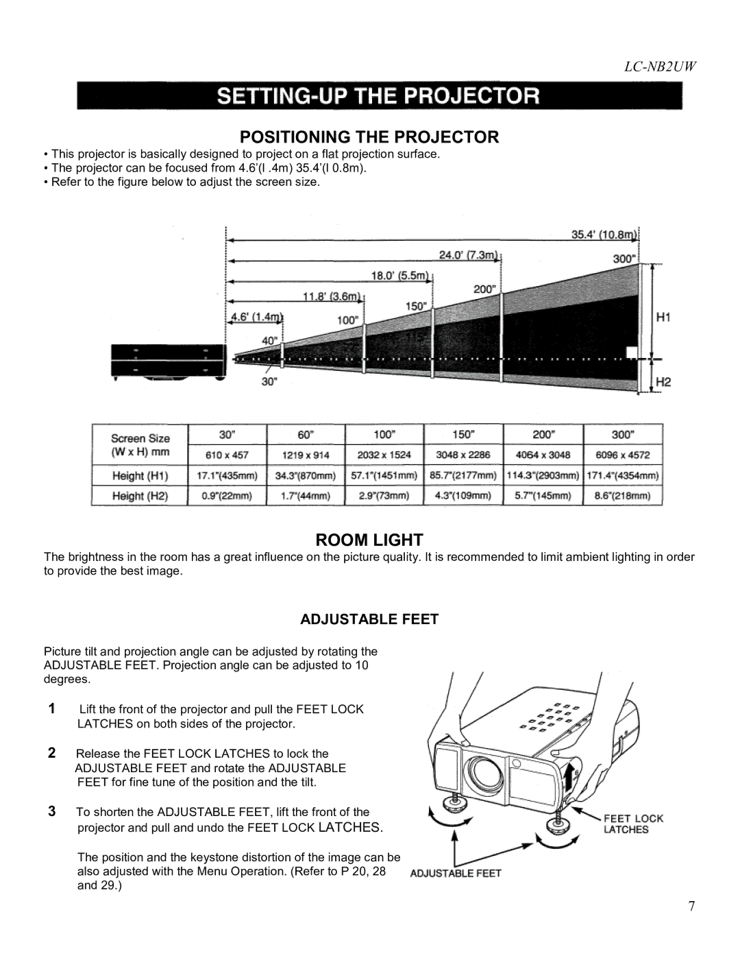 Eiki LC-NB2UW owner manual Positioning the Projector, Room Light 