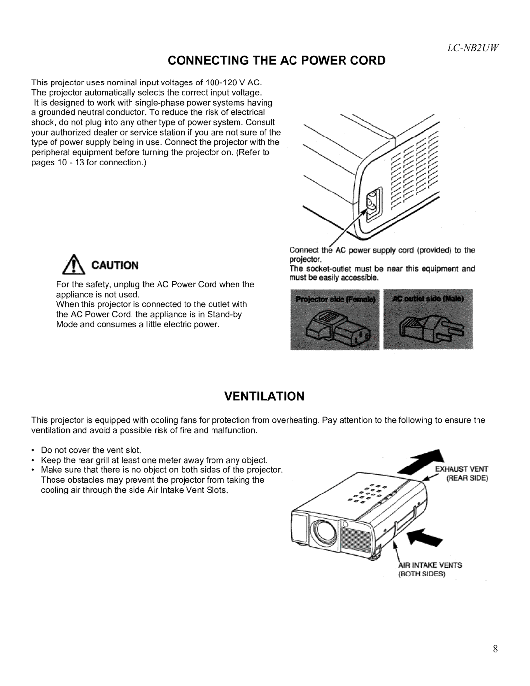 Eiki LC-NB2UW owner manual Connecting the AC Power Cord, Ventilation 