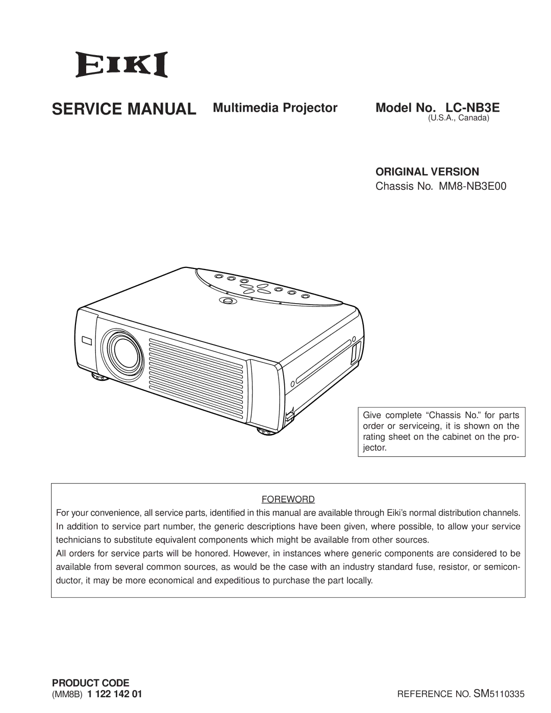 Eiki service manual Model No. LC-NB3E, Chassis No. MM8-NB3E00 