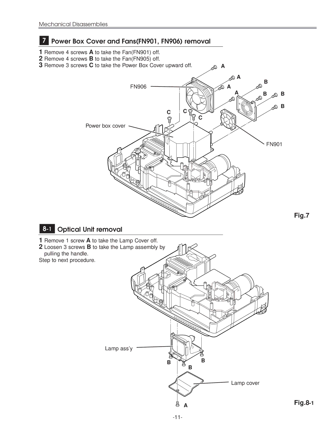 Eiki LC-NB3E service manual Power Box Cover and FansFN901, FN906 removal, 1Optical Unit removal, Ab B 