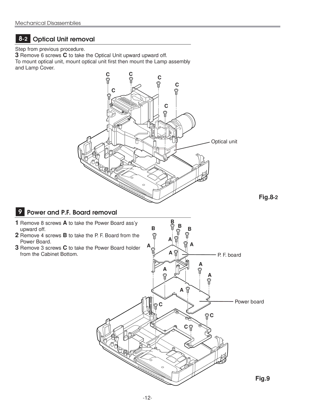 Eiki LC-NB3E service manual 2Optical Unit removal, Power and P.F. Board removal 