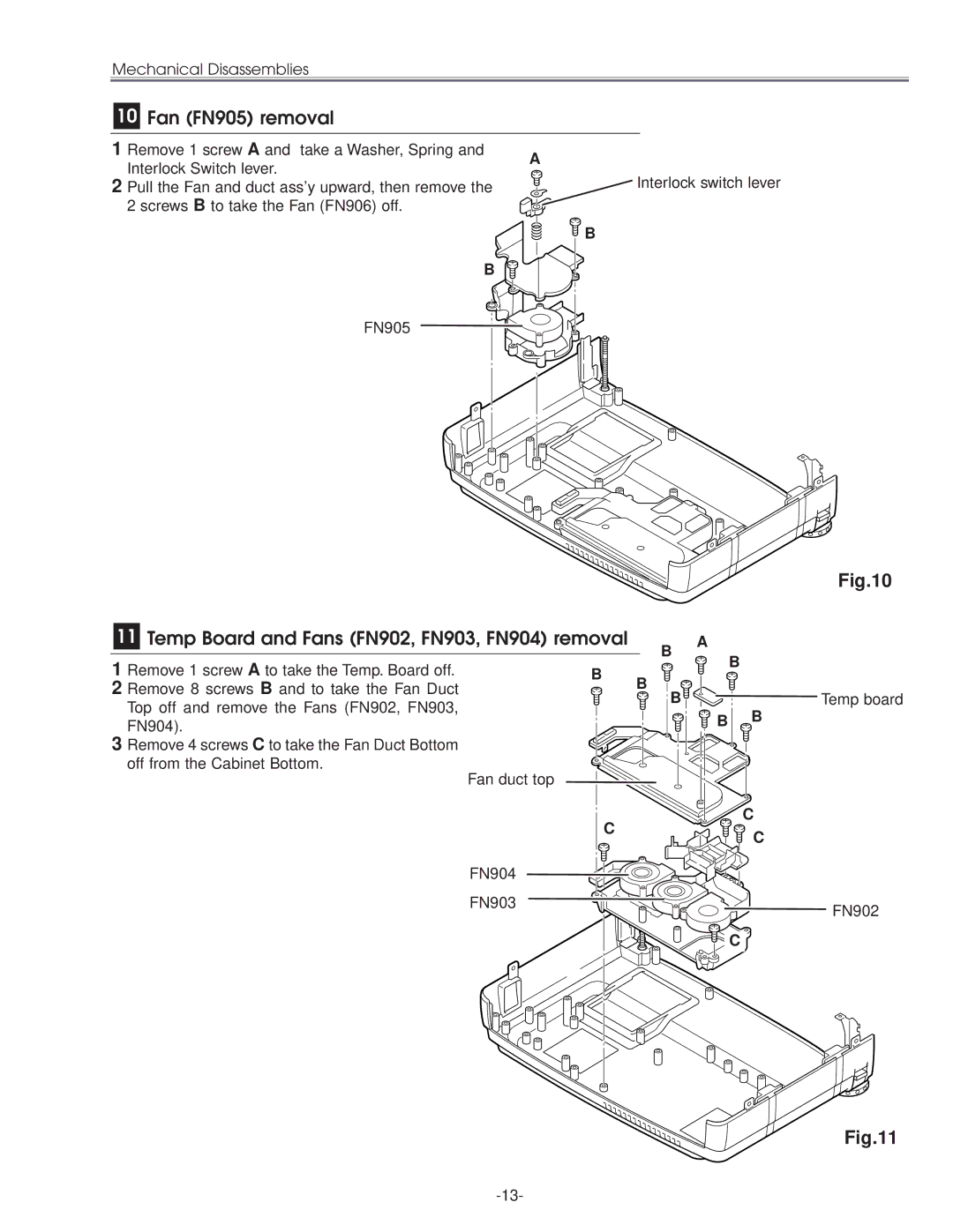 Eiki LC-NB3E Fan FN905 removal, Interlock Switch lever, Off from the Cabinet Bottom Fan duct top FN904 FN903 FN902 