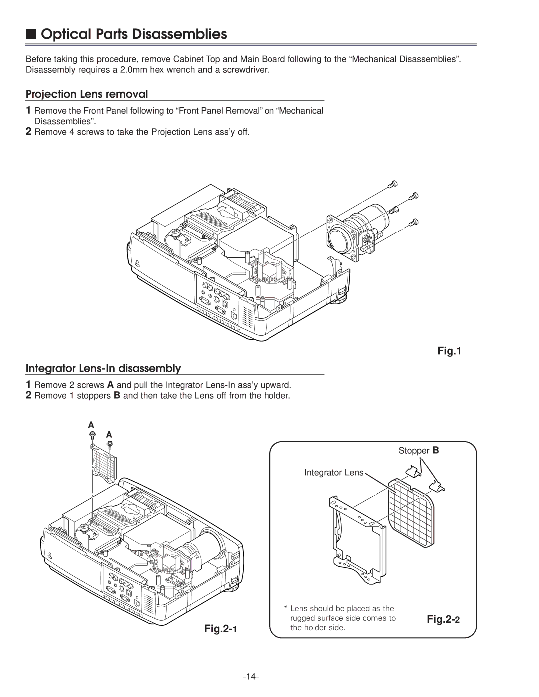 Eiki LC-NB3E service manual Optical Parts Disassemblies, Projection Lens removal, Integrator Lens-In disassembly 