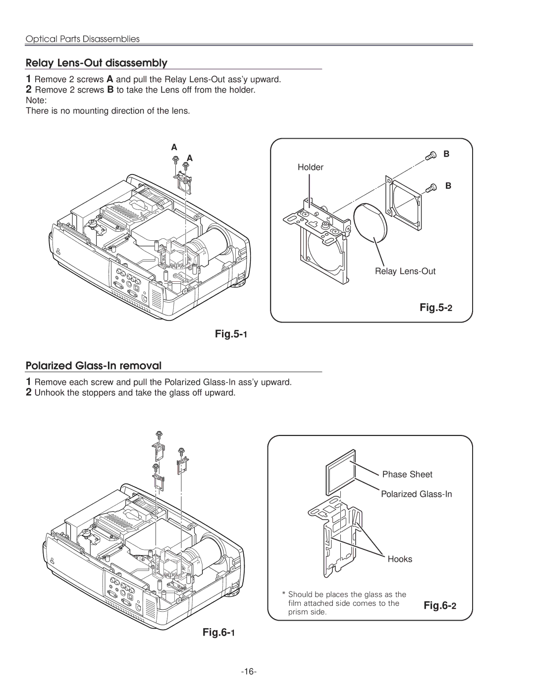 Eiki LC-NB3E service manual Relay Lens-Out disassembly, Polarized Glass-In removal 