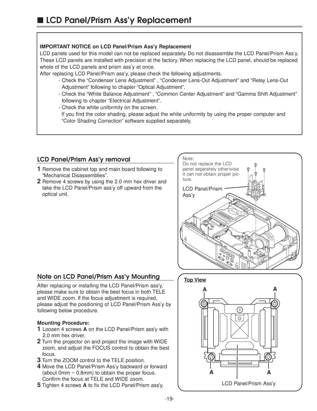 Eiki LC-NB3E service manual LCD Panel/Prism Ass’y Replacement, LCD Panel/Prism Ass’y removal, Mounting Procedure, Top View 