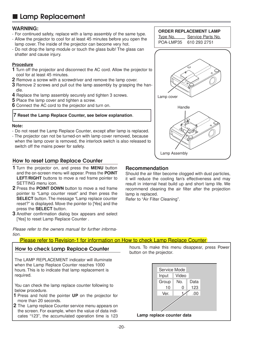 Eiki LC-NB3E service manual Lamp Replacement, How to reset Lamp Replace Counter, How to check Lamp Replace Counter 