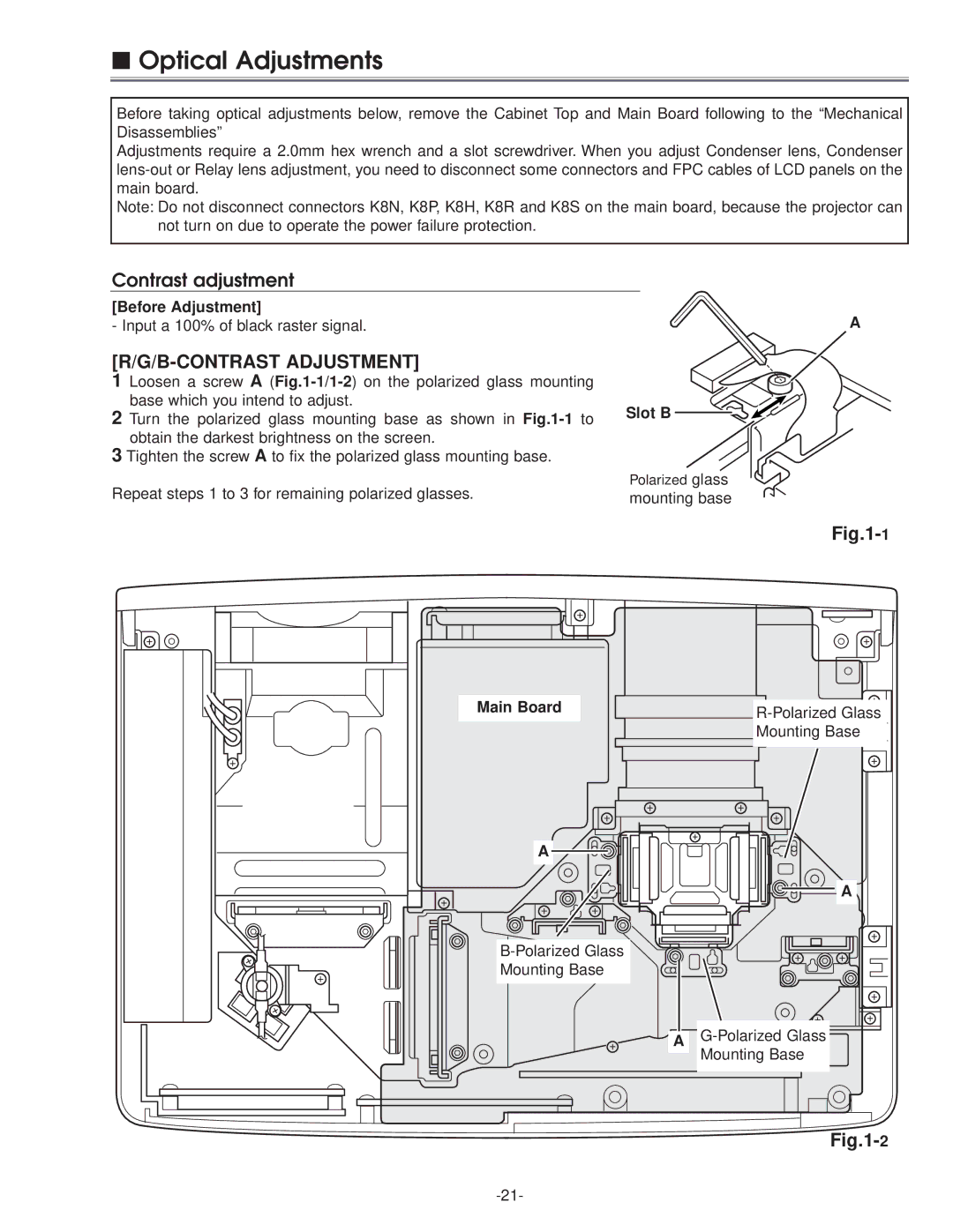 Eiki LC-NB3E service manual Optical Adjustments, Contrast adjustment, Before Adjustment, Slot B, Main Board 