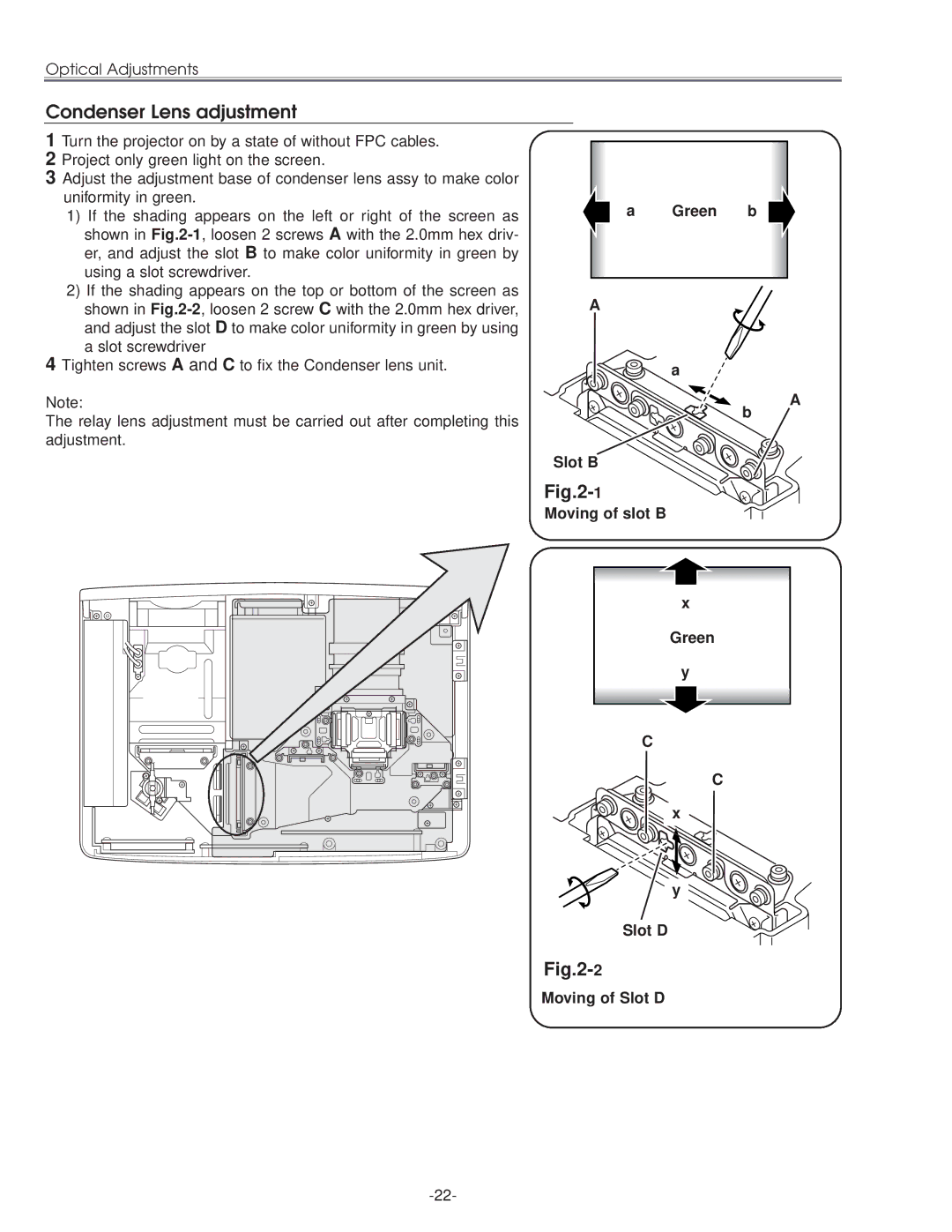 Eiki LC-NB3E service manual Condenser Lens adjustment, Green b Slot B Moving of slot B Slot D Moving of Slot D 