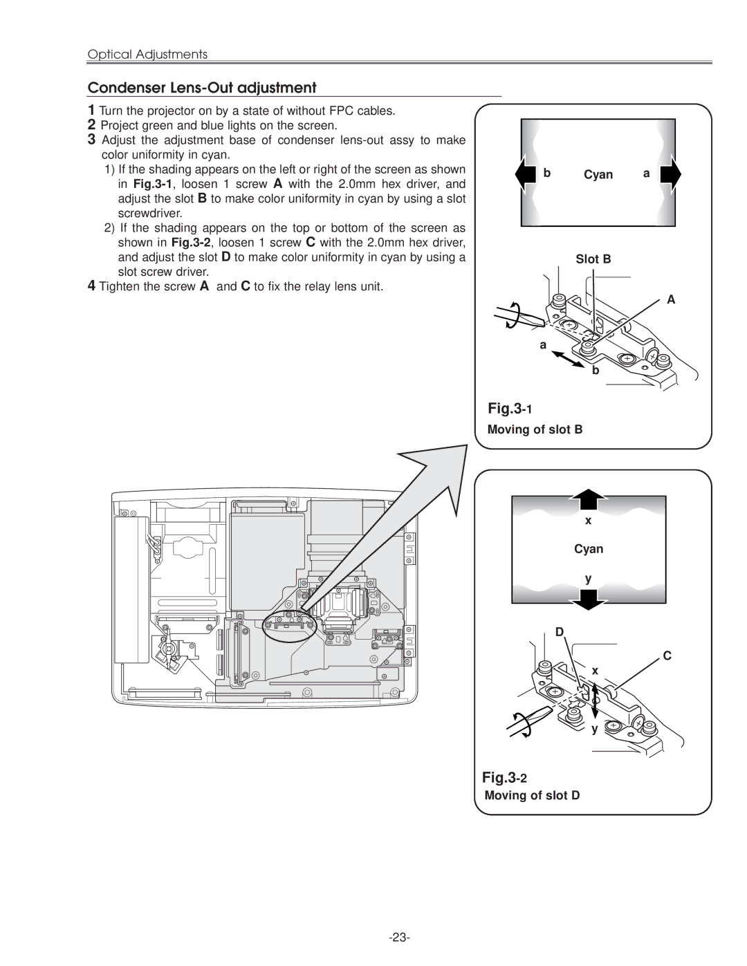 Eiki LC-NB3E service manual Condenser Lens-Out adjustment, Cyan a Slot B Moving of slot B Moving of slot D 