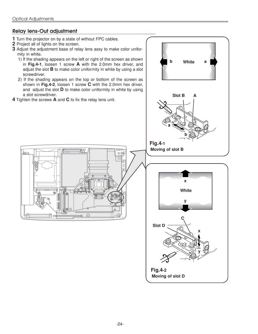 Eiki LC-NB3E service manual Relay lens-Out adjustment, White a Slot B a Moving of slot B, Slot D Moving of slot D 