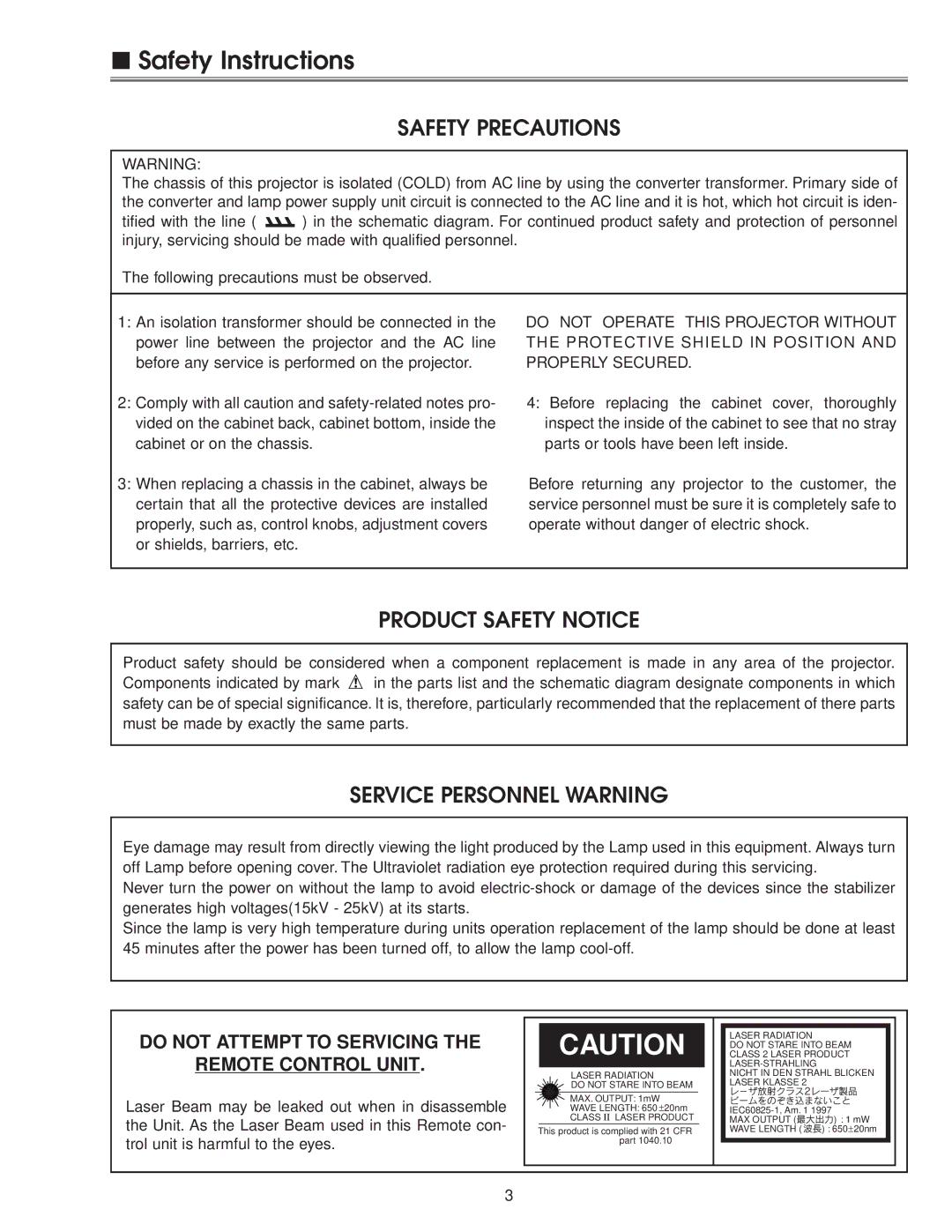 Eiki LC-NB3E service manual Safety Instructions, Safety Precautions 