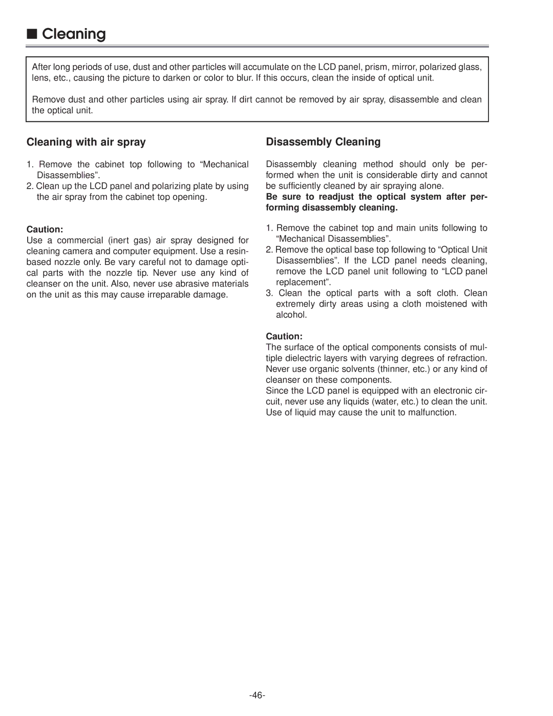 Eiki LC-NB3E service manual Cleaning with air spray Disassembly Cleaning 