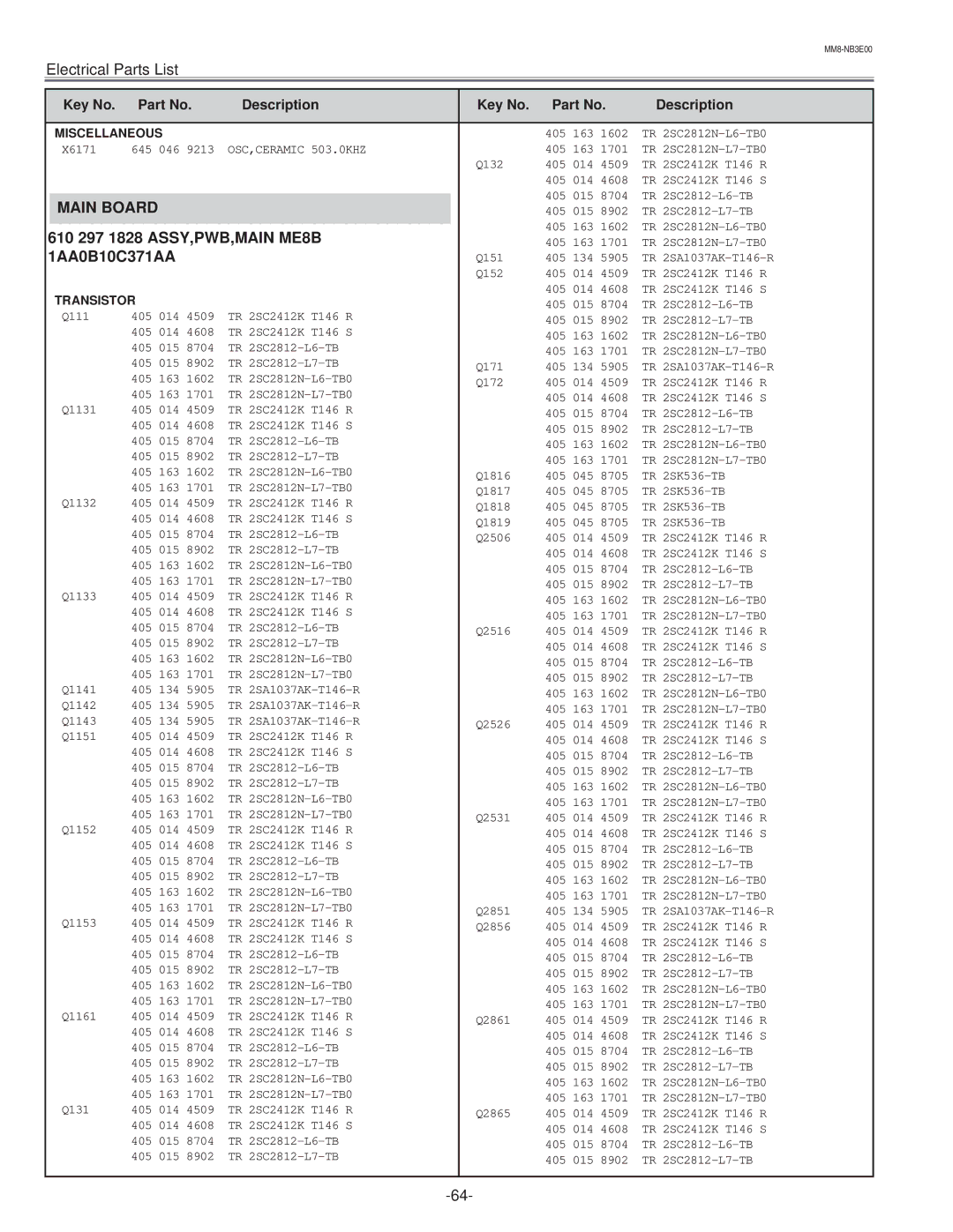 Eiki LC-NB3E service manual Main Board, 610 297 1828 ASSY,PWB,MAIN ME8B, 1AA0B10C371AA 