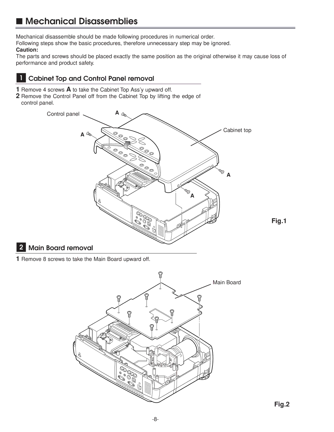 Eiki LC-NB3E service manual Mechanical Disassemblies, Cabinet Top and Control Panel removal, Main Board removal 