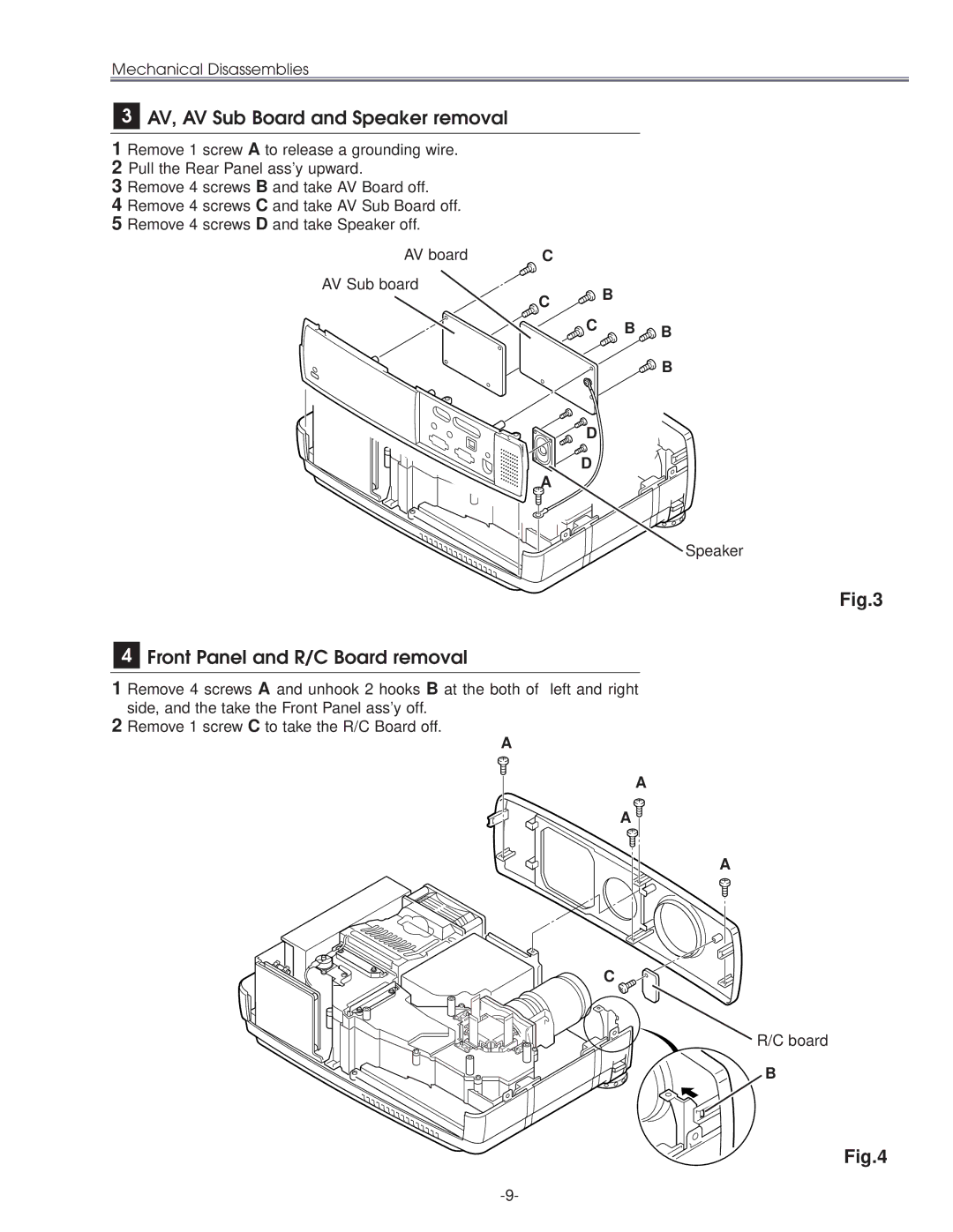 Eiki LC-NB3E service manual AV, AV Sub Board and Speaker removal, Front Panel and R/C Board removal, AV board AV Sub board 