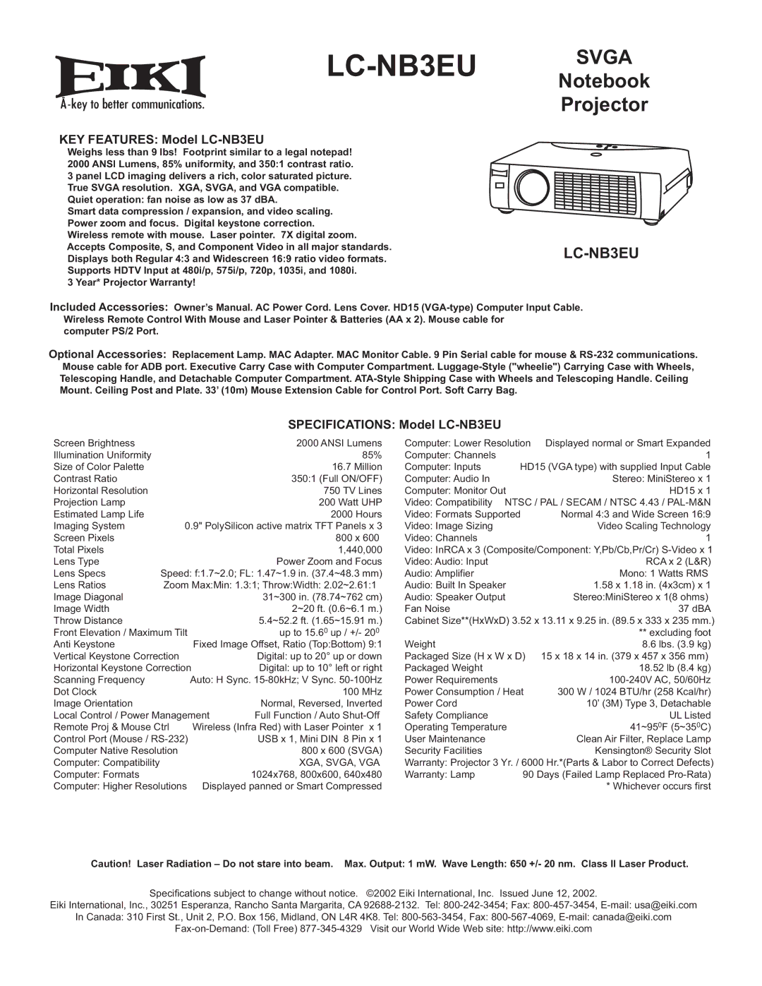 Eiki LC-NB3EU specifications Svga, Projector 