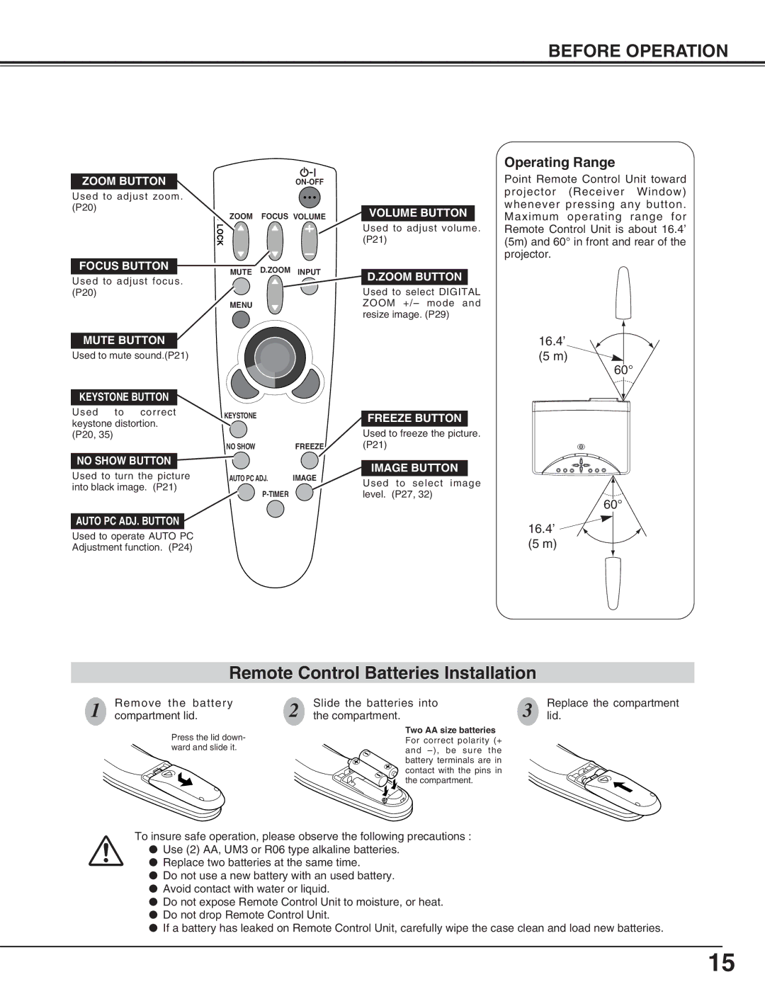 Eiki LC-NB3S owner manual Remote Control Batteries Installation 