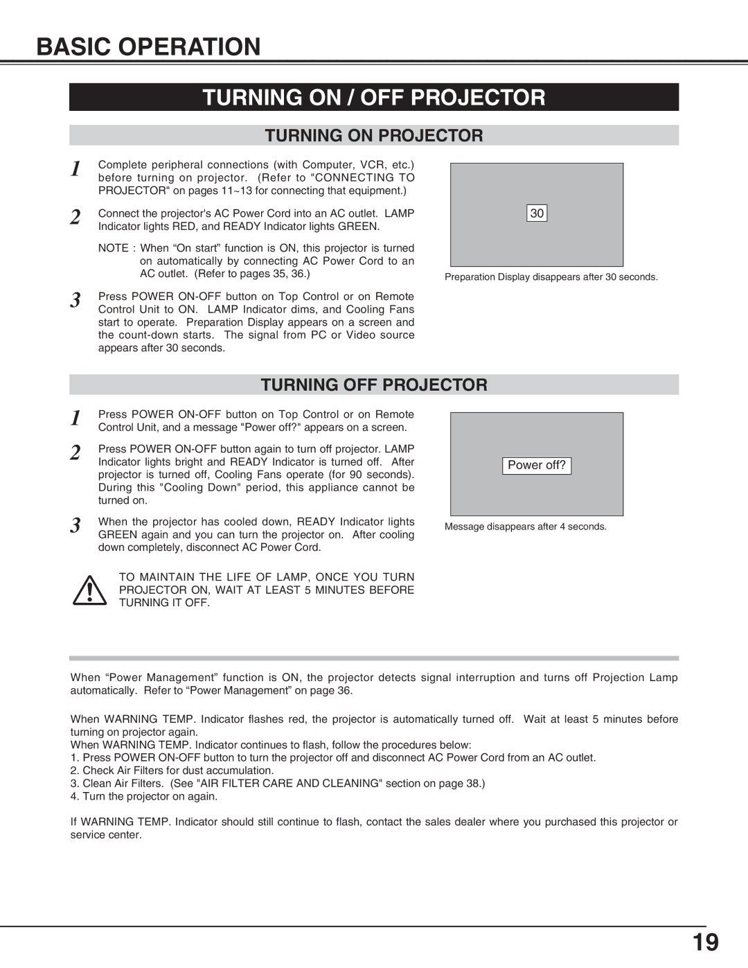 Eiki LC-NB3S owner manual Basic Operation, Turning on / OFF Projector, Turning on Projector, Turning OFF Projector 