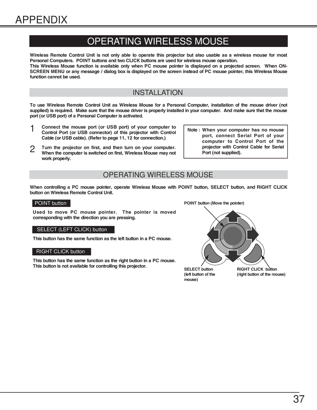 Eiki LC-NB3S owner manual Appendix, Operating Wireless Mouse, Installation 