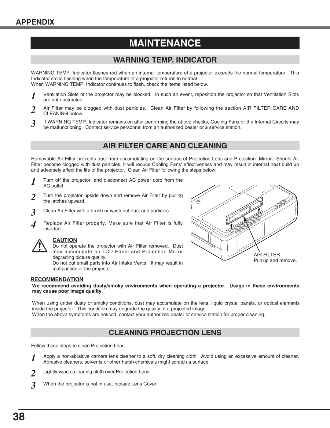 Eiki LC-NB3S owner manual Maintenance, AIR Filter Care and Cleaning, Cleaning Projection Lens 