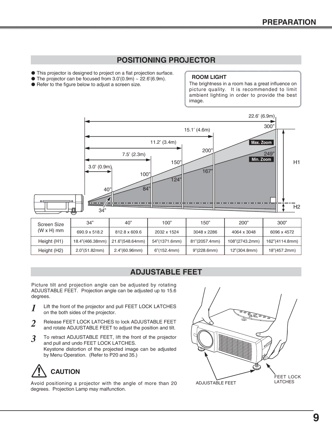 Eiki LC-NB3S owner manual Preparation Positioning Projector, Adjustable Feet 