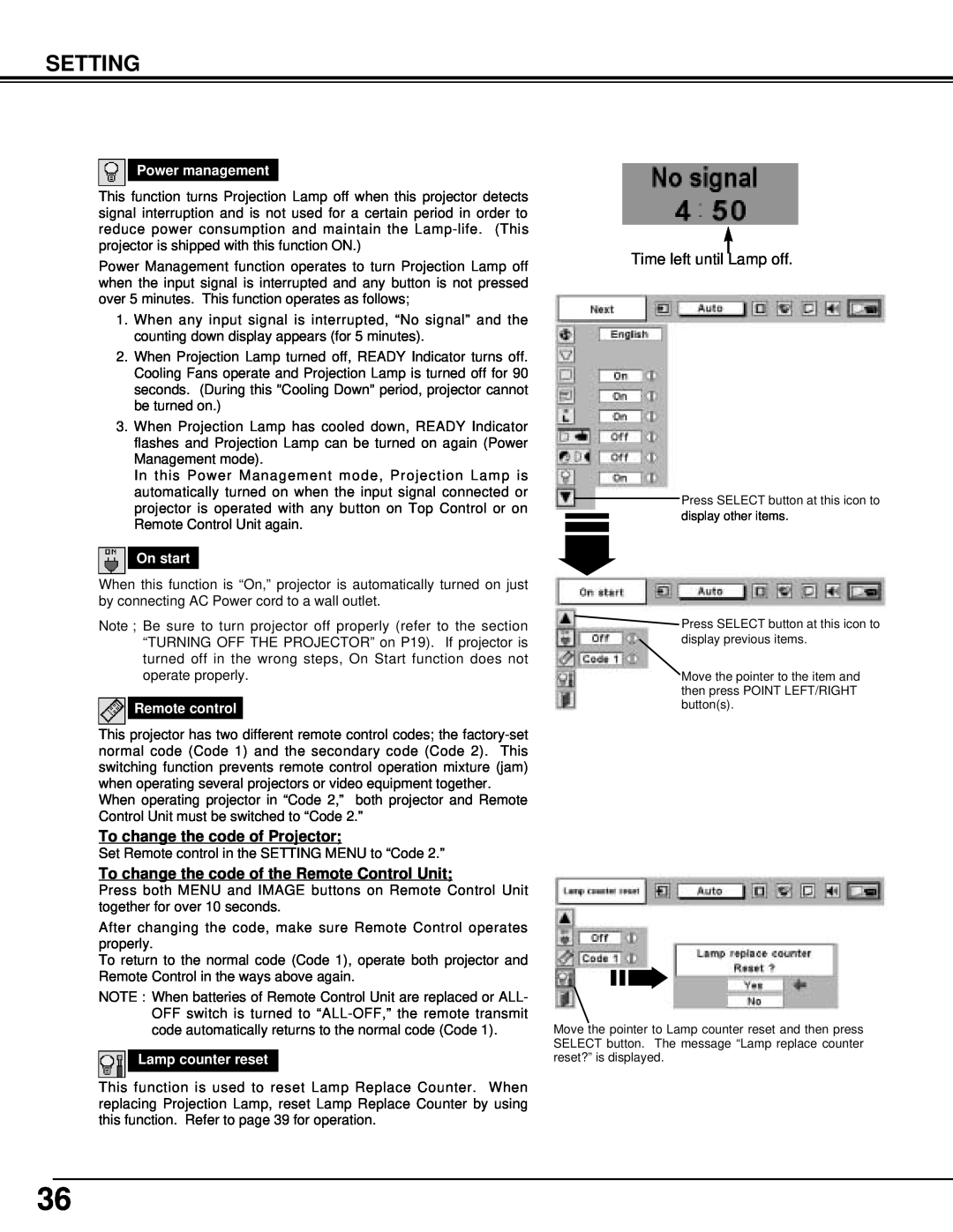 Eiki LC-NB3W owner manual Setting, To change the code of Projector, To change the code of the Remote Control Unit 