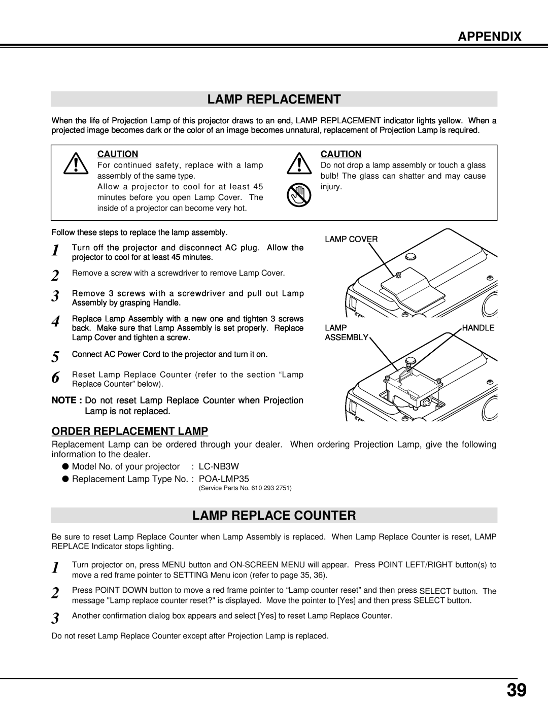 Eiki LC-NB3W owner manual Appendix Lamp Replacement, Lamp Replace Counter, Order Replacement Lamp 