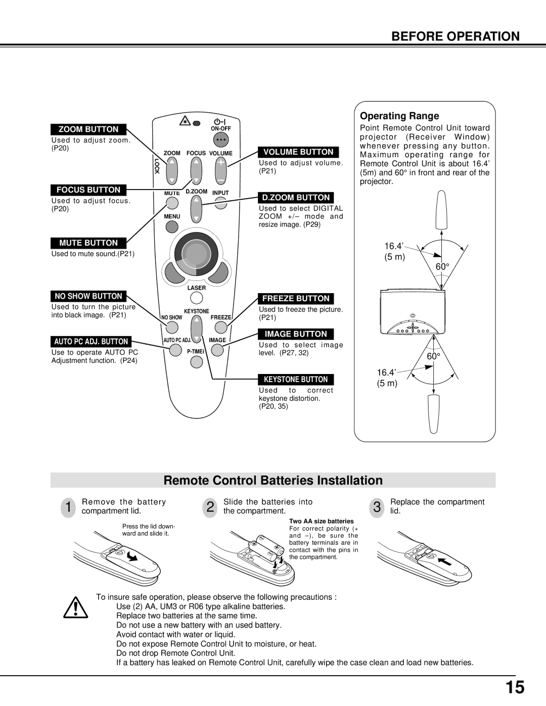 Eiki LC-NB3W Zoom Button, Focus Button, Volume Button, Mute Button, No Show Button, Auto PC ADJ. Button, Freeze Button 