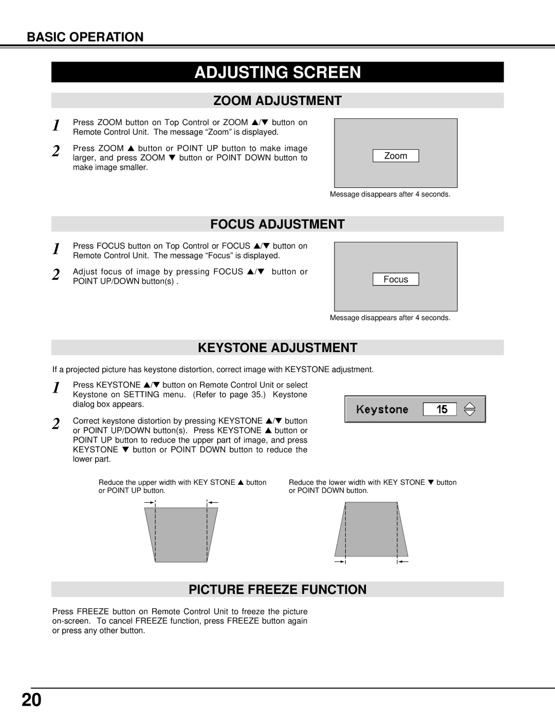 Eiki LC-NB3W owner manual Adjusting Screen, Zoom Adjustment, Keystone Adjustment, Picture Freeze Function 