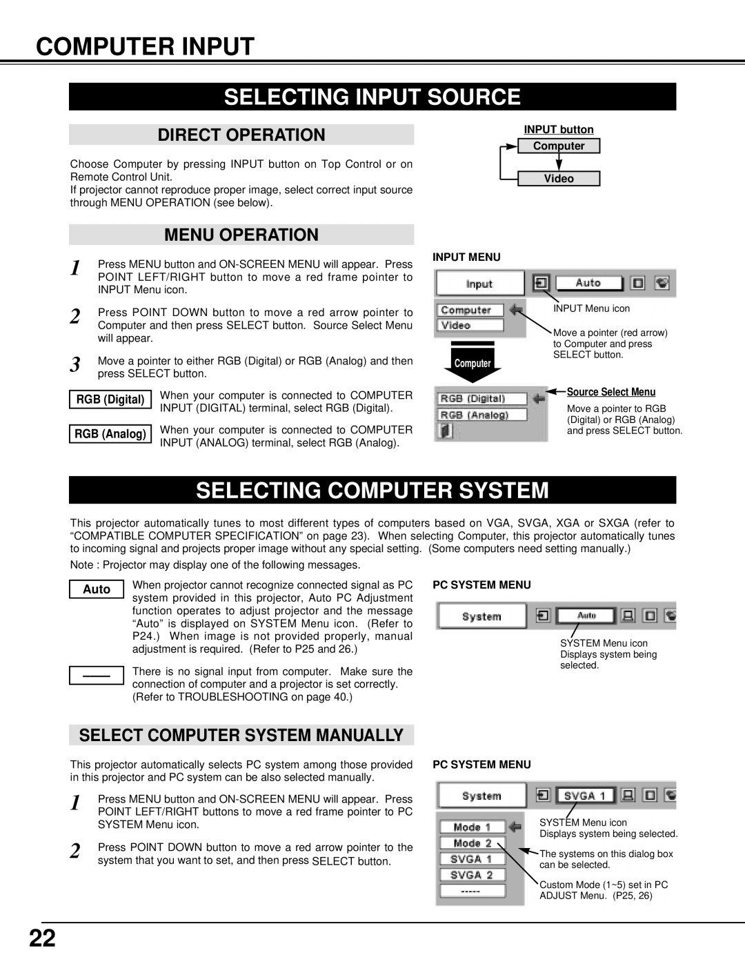 Eiki LC-NB3W owner manual Computer Input, Selecting Input Source, Selecting Computer System, Auto 