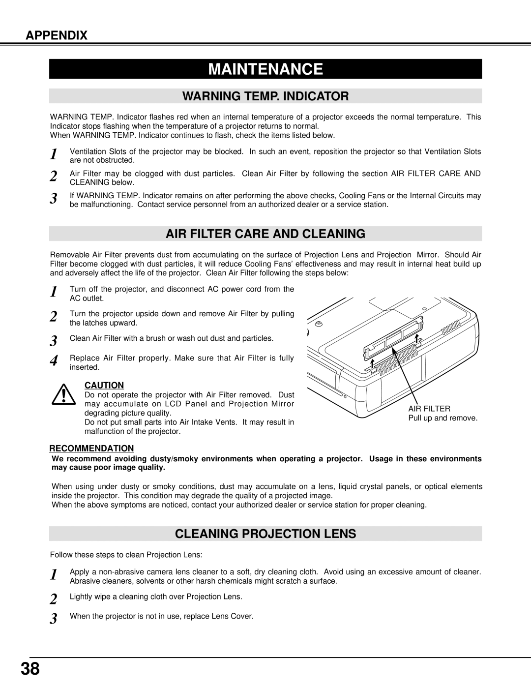 Eiki LC-NB3W owner manual Maintenance, AIR Filter Care and Cleaning, Cleaning Projection Lens 