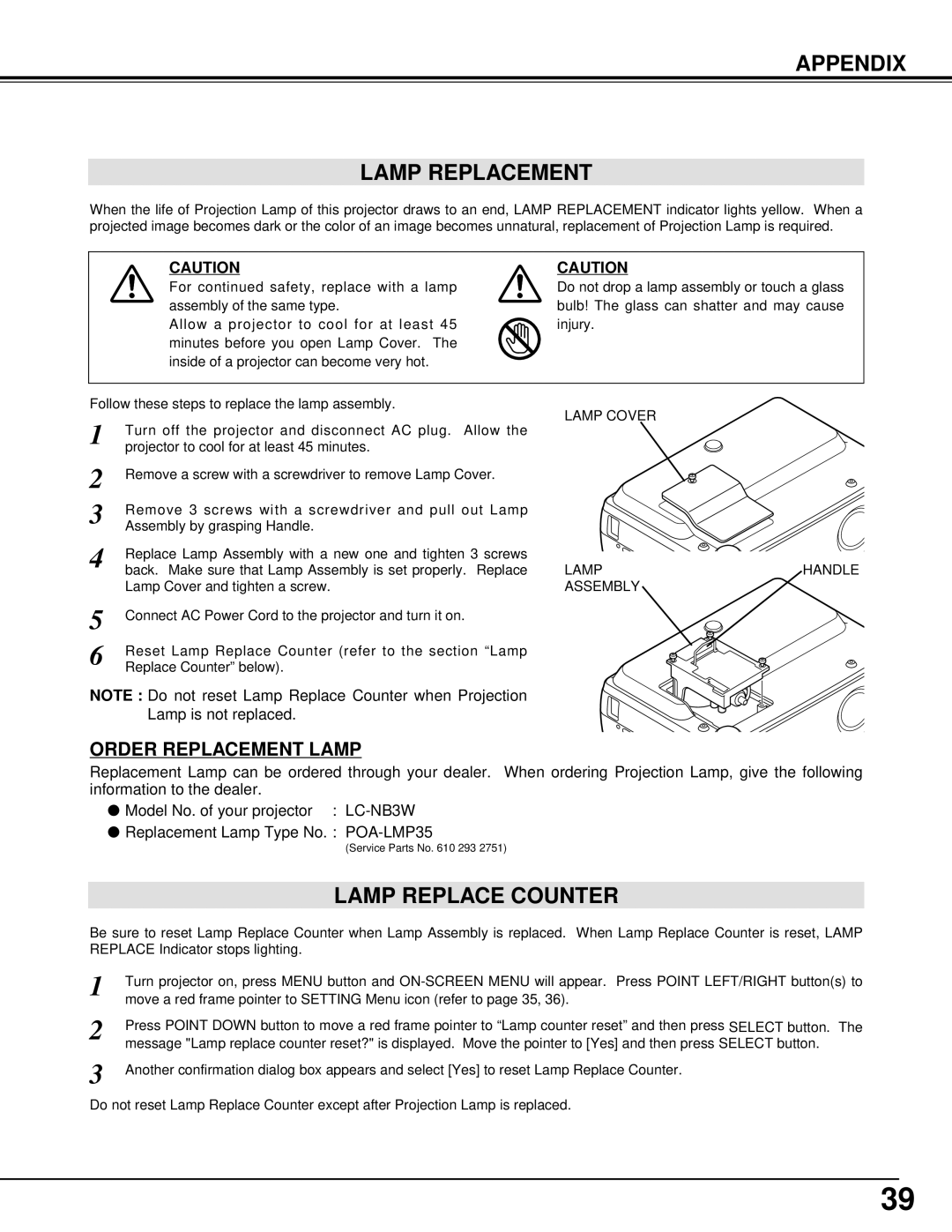 Eiki LC-NB3W owner manual Appendix Lamp Replacement, Lamp Replace Counter 