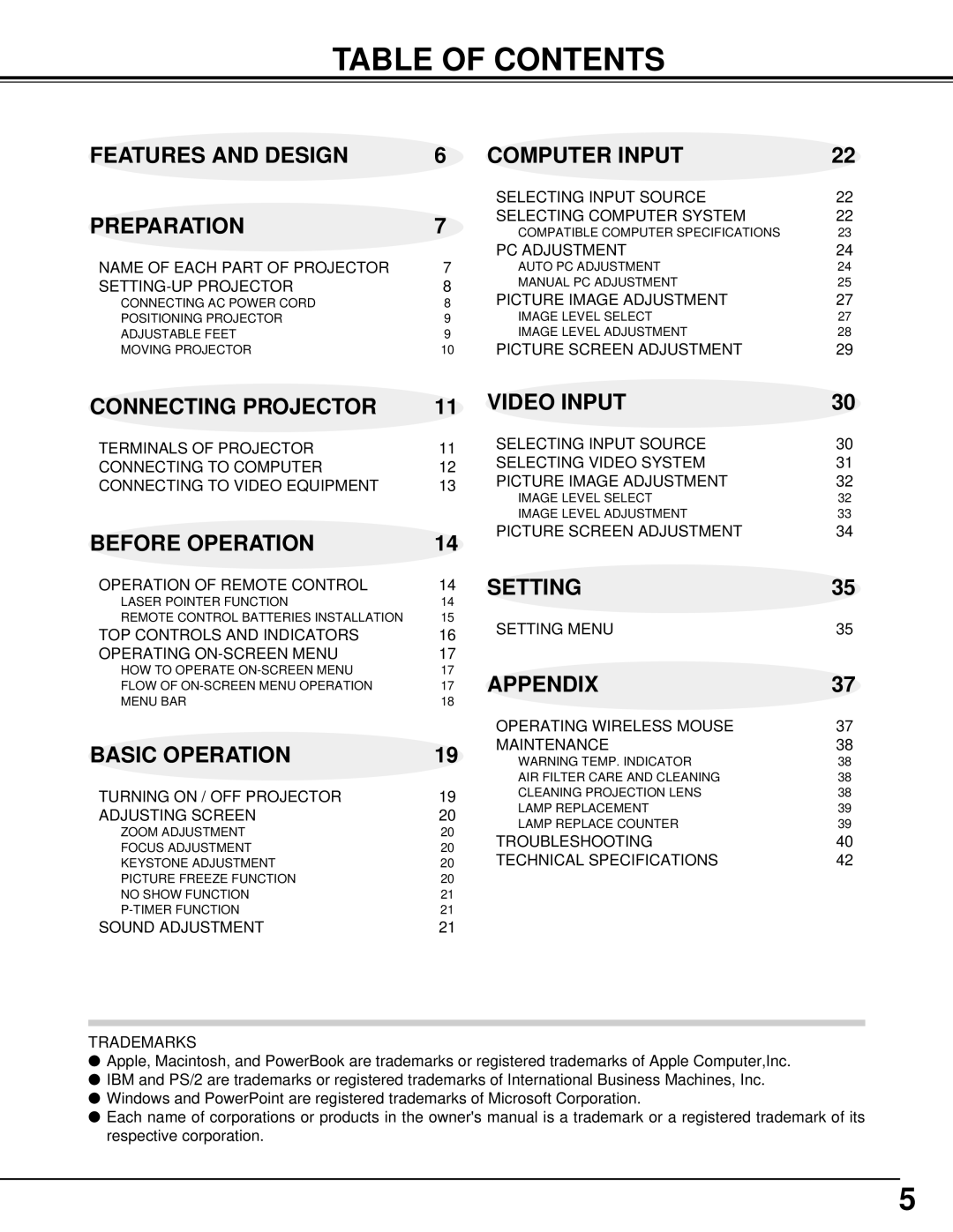 Eiki LC-NB3W owner manual Table of Contents 