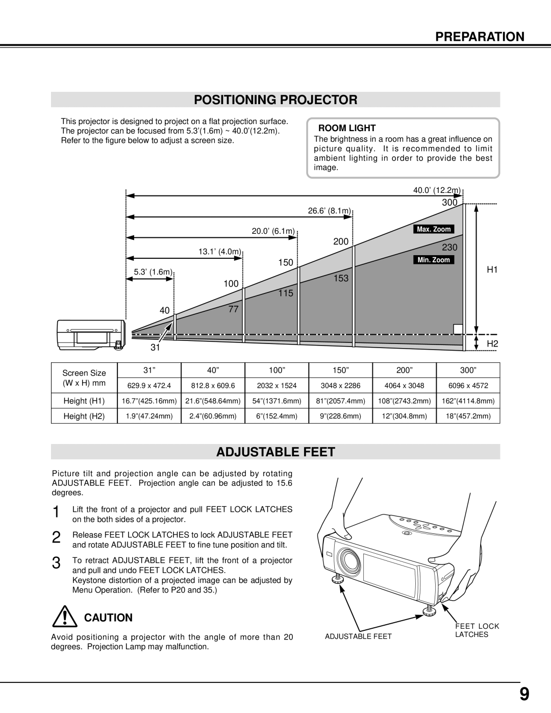 Eiki LC-NB3W owner manual Preparation Positioning Projector, Adjustable Feet 