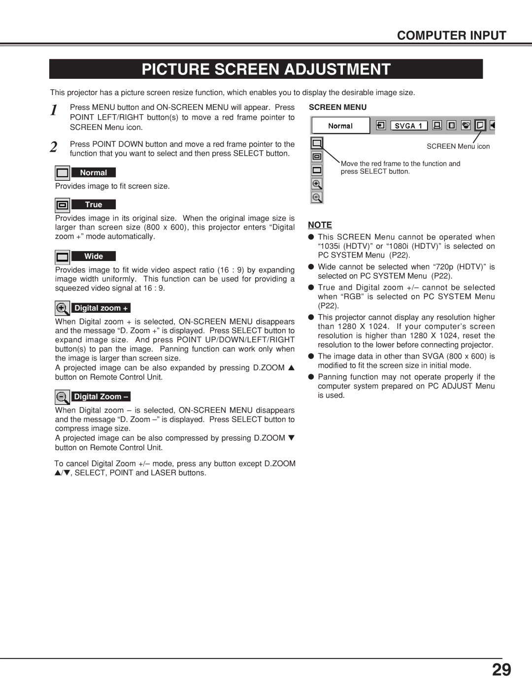 Eiki LC-NB4 owner manual Picture Screen Adjustment, Screen Menu 