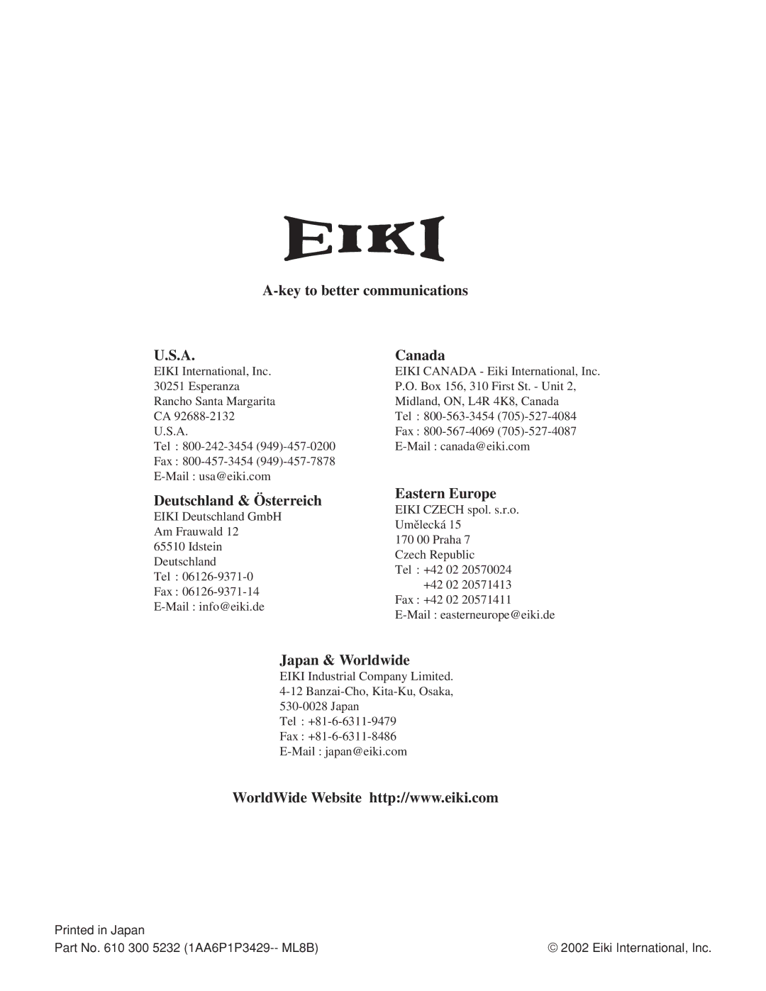 Eiki LC-NB4 owner manual Key to better communications Canada 