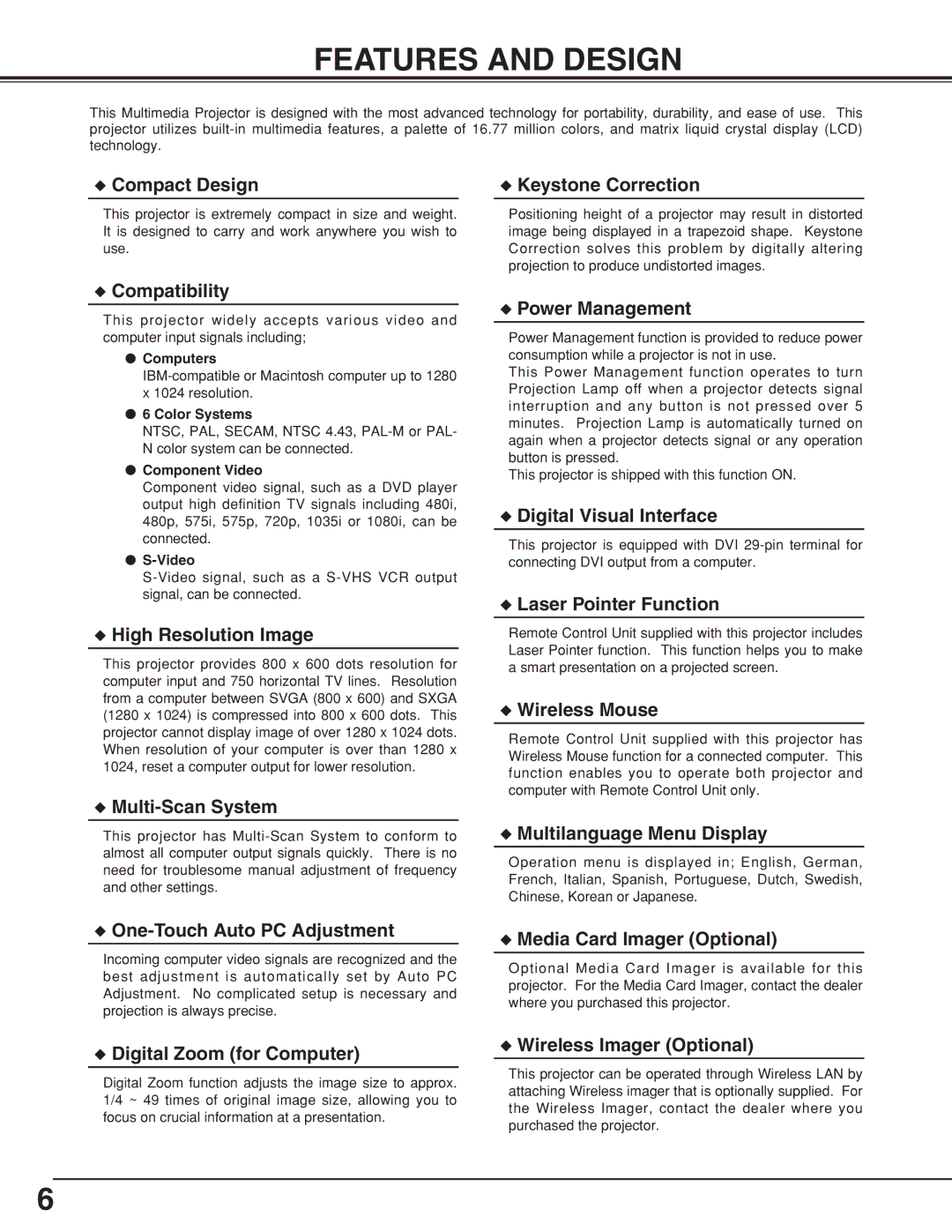 Eiki LC-NB4 owner manual Features and Design, Compact Design Keystone Correction 