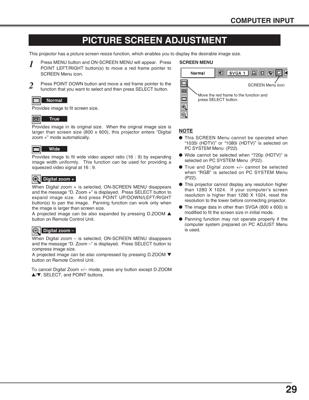 Eiki LC-NB4S owner manual Picture Screen Adjustment, Screen Menu 